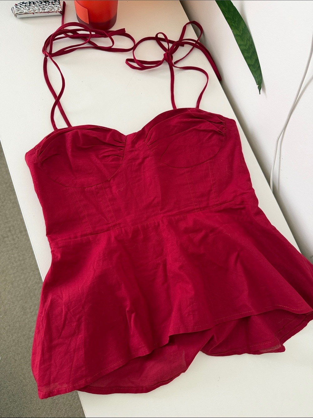 Women’s Red Tie-Strap Bustier Peplum Top